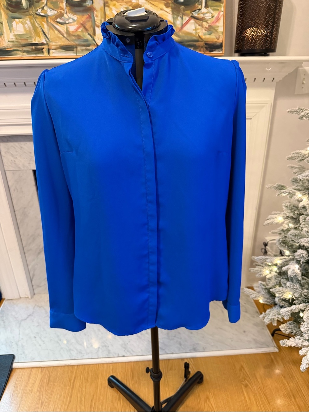 Express Portifino long sleeve, button down, electric blue, ruffle collar, top, L
